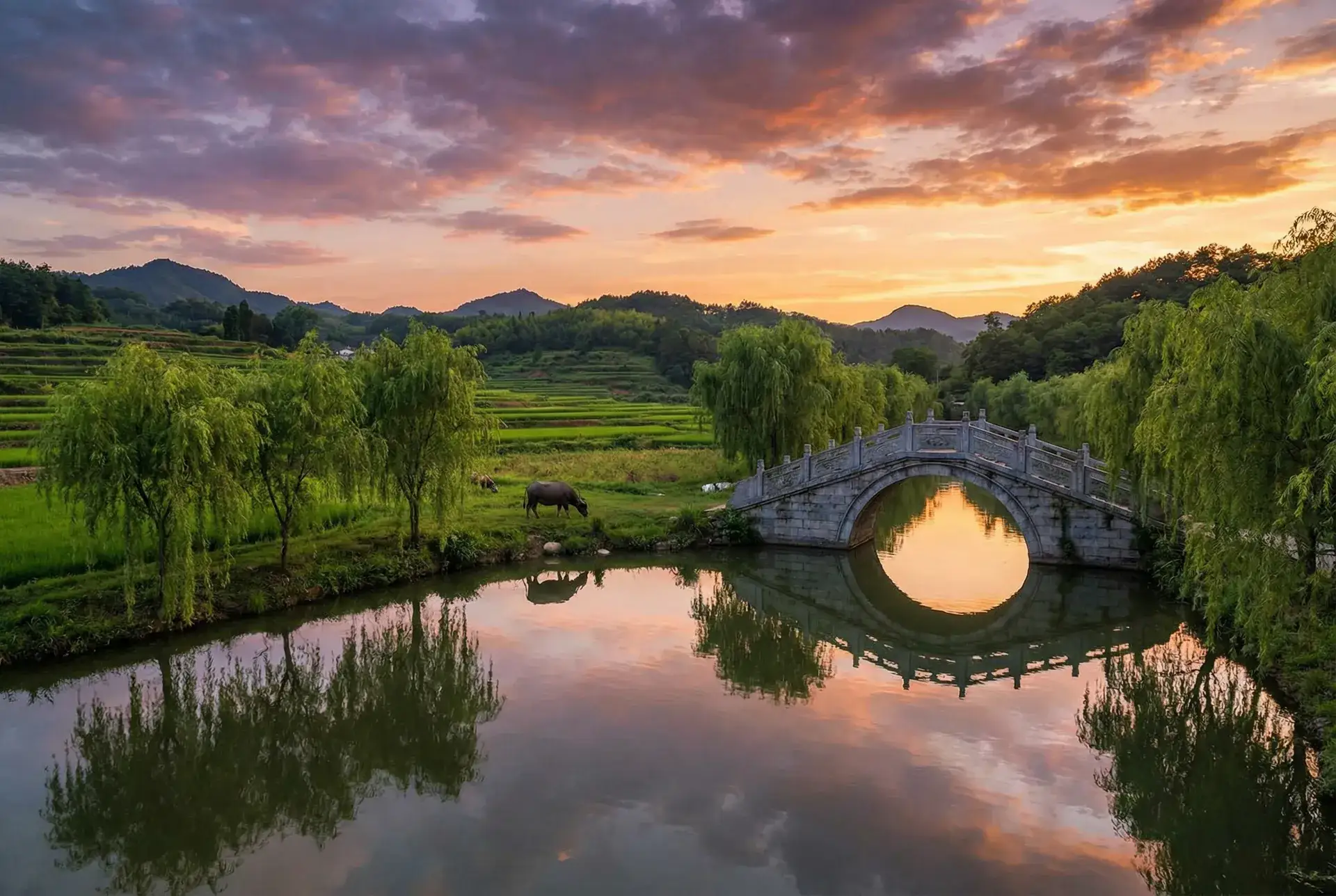 夕阳下的石拱桥与垂柳，水牛在河边吃草 - nanrentuan 乡村美景